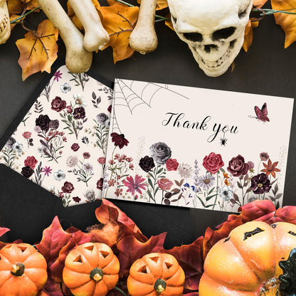 Whaline 36 Packs Halloween Floral Thank You Cards Watercolor Flower Greeting Cards with Envelopes and Stickers Blank Note Card for Wedding Birthday Party Supplies