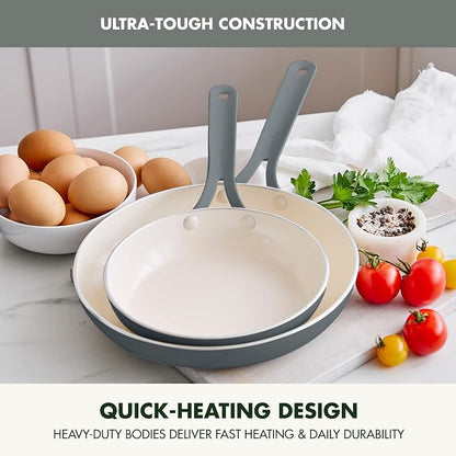 GreenPan Nova 2-Piece Nonstick Frying Pan Set, 8” & 10” Skillets, PFAS-Free Ceramic Cookware, Durable Fast Heating, Induction Ready, Omelet & Eggs, Oven Safe to 600F, Dishwasher Safe, Slate Gray