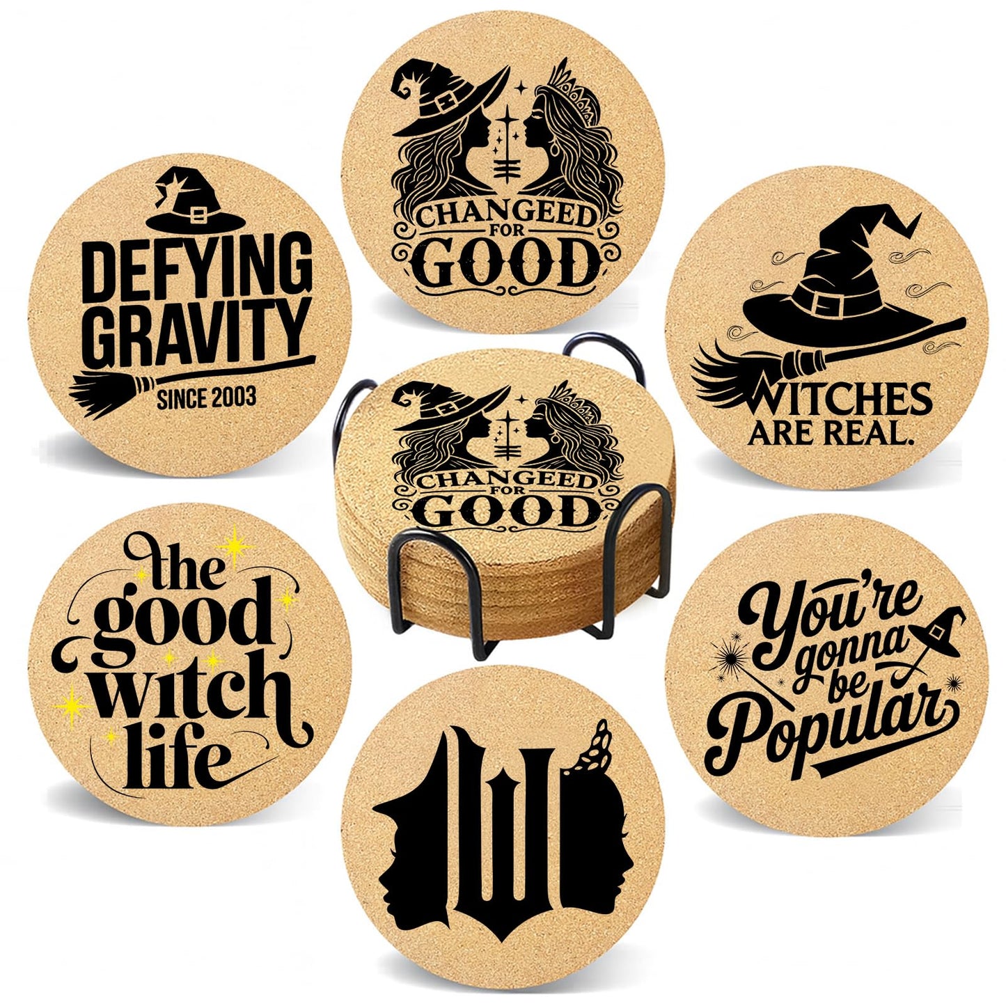 Cegkuc Coasters Witch for Drinks with Holder Set of 6, Wicked Cork Coaster Absorbent for Office Desk Cup Table Coasters Kitchen Decor House Warming Gifts for New Home Couples, Round 4"