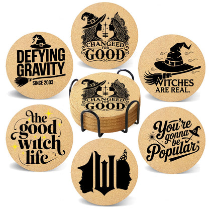 Cegkuc Coasters Witch for Drinks with Holder Set of 6, Wicked Cork Coaster Absorbent for Office Desk Cup Table Coasters Kitchen Decor House Warming Gifts for New Home Couples, Round 4"