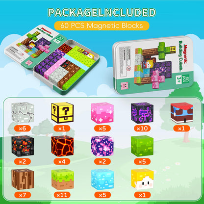 Petenjoy Mini Magnetic Blocks Travel Set with Iron Case - 60 PCS Magnet Building Cubes Travel Toys for Kids 4-8 Toddler Airplane Essentials, Stem Toys Gift for Boys and Girls