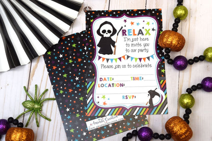 Relax! Funny Grim Reaper Themed Halloween Party Invitations, 20 5x7 Fill In Cards with Twenty White Envelopes by AmandaCreation