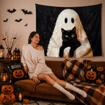 YTRG Spook Ghost Black Cat Tapestry, Halloween Tapestries Wall Hanging for Bedroom, Cat Ghost Tapestry Wall Decor Backdrop for Living Room Home, Black Cats Gifts for Women Girls Men, 50x60 Inch
