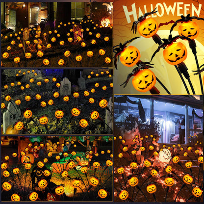 Weepong Halloween Decorations Outdoor 4 Pack Solar Lights, 24 LED Scary Pumpkin Swaying Firefly Lights with Spider & Bats for Outside Garden Yard Lawn Grave Cemetery Ghost Decor Party, Orange