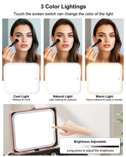 Relavel Makeup Bag with LED Mirror, Makeup Box Travel Train Case with Rechargeable Lighted Mirror, Cosmetic Brush Organizer Storage for Makeup Artists Gifts for Women and Girls, Rose Gold