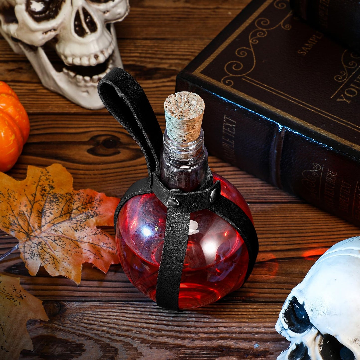 Baderke 3 Set 8 oz Plastic Potion Bottle with Cork Stopper Cosplay Accessories with Leather Belt Witch Cosplay Props Decorative Round Spherical Bottles for Halloween Party Decorations (Black)