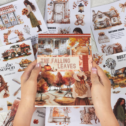 Dwpetzo Cozy Autumn Journaling Sticker Book, 20 Sheets Pe-Cut PET, Washi Tape, and Craft Paper Stickers for Junk Journal Supplies, Aesthetic Fall Stickers for Bujo, Collage, Scrapbook Supplies