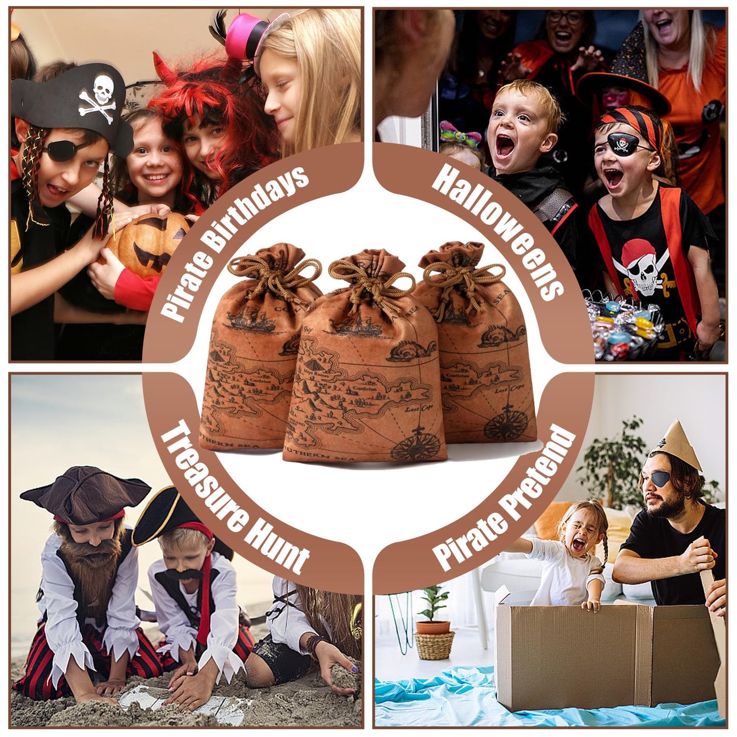 RICHNESS 16pcs Pirate Party Favor Bags Treasure Map Bag with Drawstring Closure Satin Party Loot Bags 4.5X6 Inches Goodie Bags