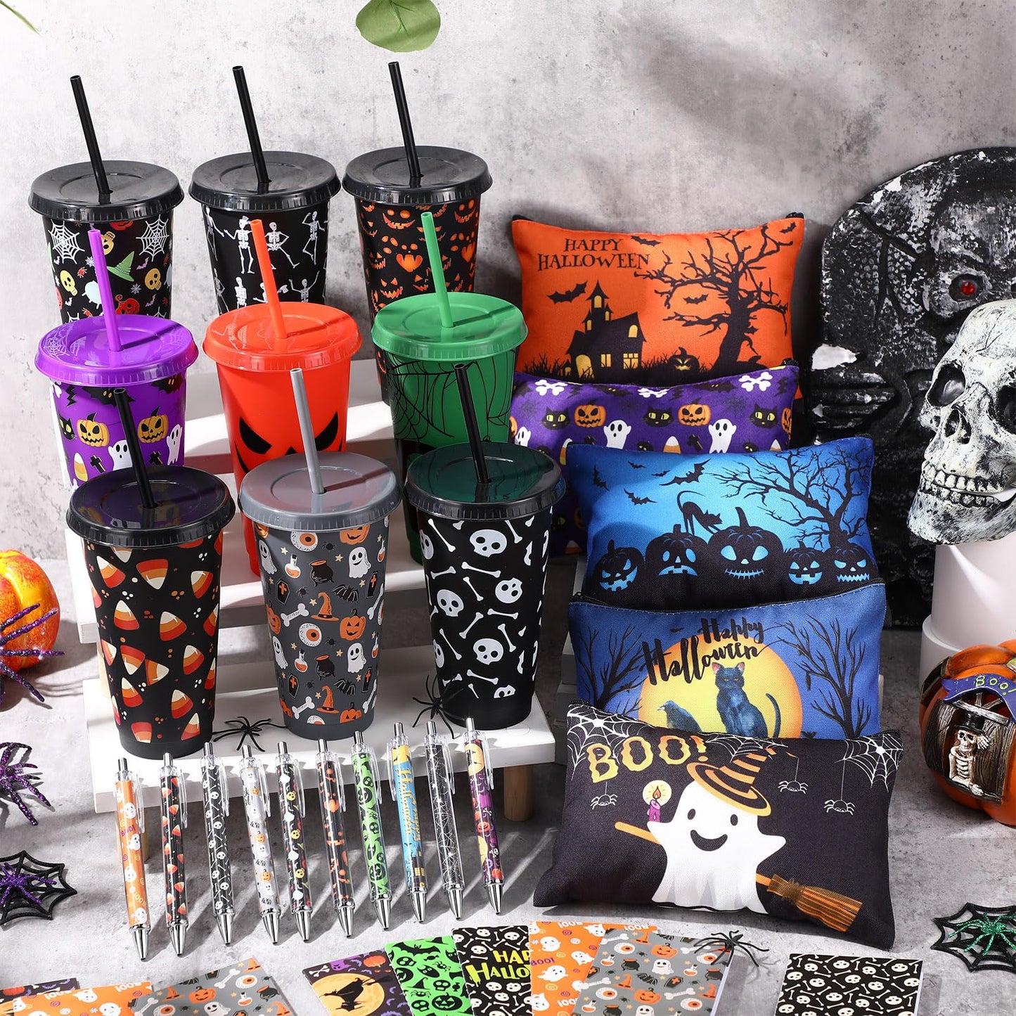 Mimorou 40 Pcs Halloween Party Favors Supplies 10 Sets Gifts Includes 24 oz Spider Skull Tumbler with Lid and Straw Cosmetic Bags Notepads Ballpoint Pens for Halloween Party Favors