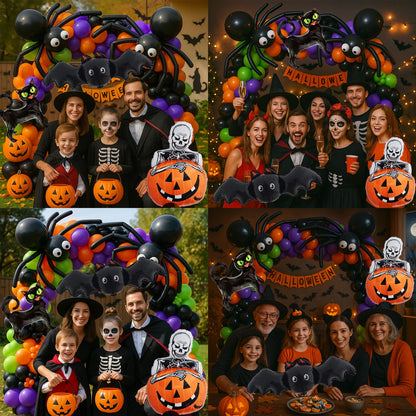 Bonropin 173pcs Halloween Balloon Garland Arch kit with Black Orange Green Purple Balloons Spider Balloons Halloween Foil Balloons for Haloween Theme Party Background Classroom Decorations