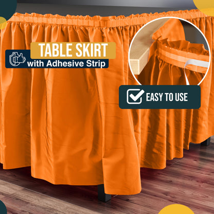 Exquisite Orange Table Skirt 6 Pack - Disposable Plastic Table Skirts for Rectangle Tables 6ft 8ft & Round Tables - 29in x 14ft Self-Adhesive Strip - Birthday Wedding Gender Reveal Decor
