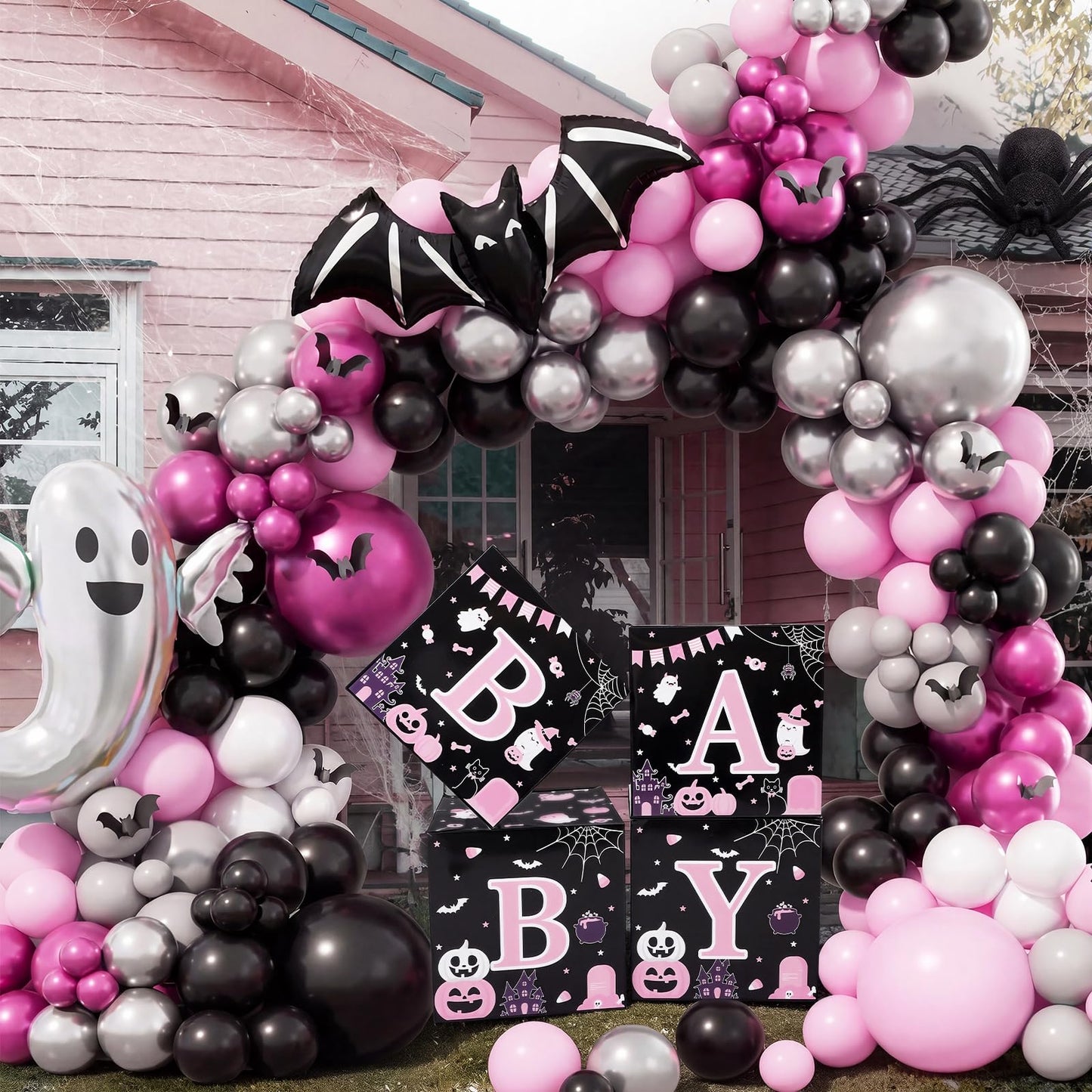 AmazingSpark 4 Pcs Pink Ghost Halloween Baby Shower Boxes with Letters Halloween A Little Boo Is Almost Due Candy Box Decor with Letters Blocks Baby Shower Centerpiece for Party Backdrop