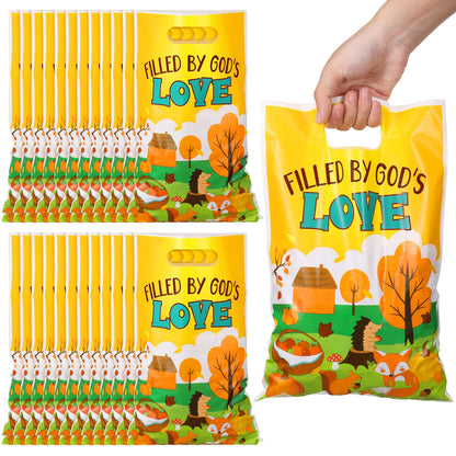 Panelee 100 Pcs Fall Religious Plastic Goody Bags with Handles Christian Treat Bags for Harvest Thanksgiving Cross Candy Gift Bag for Church Party Supplies Party Favor Decoration