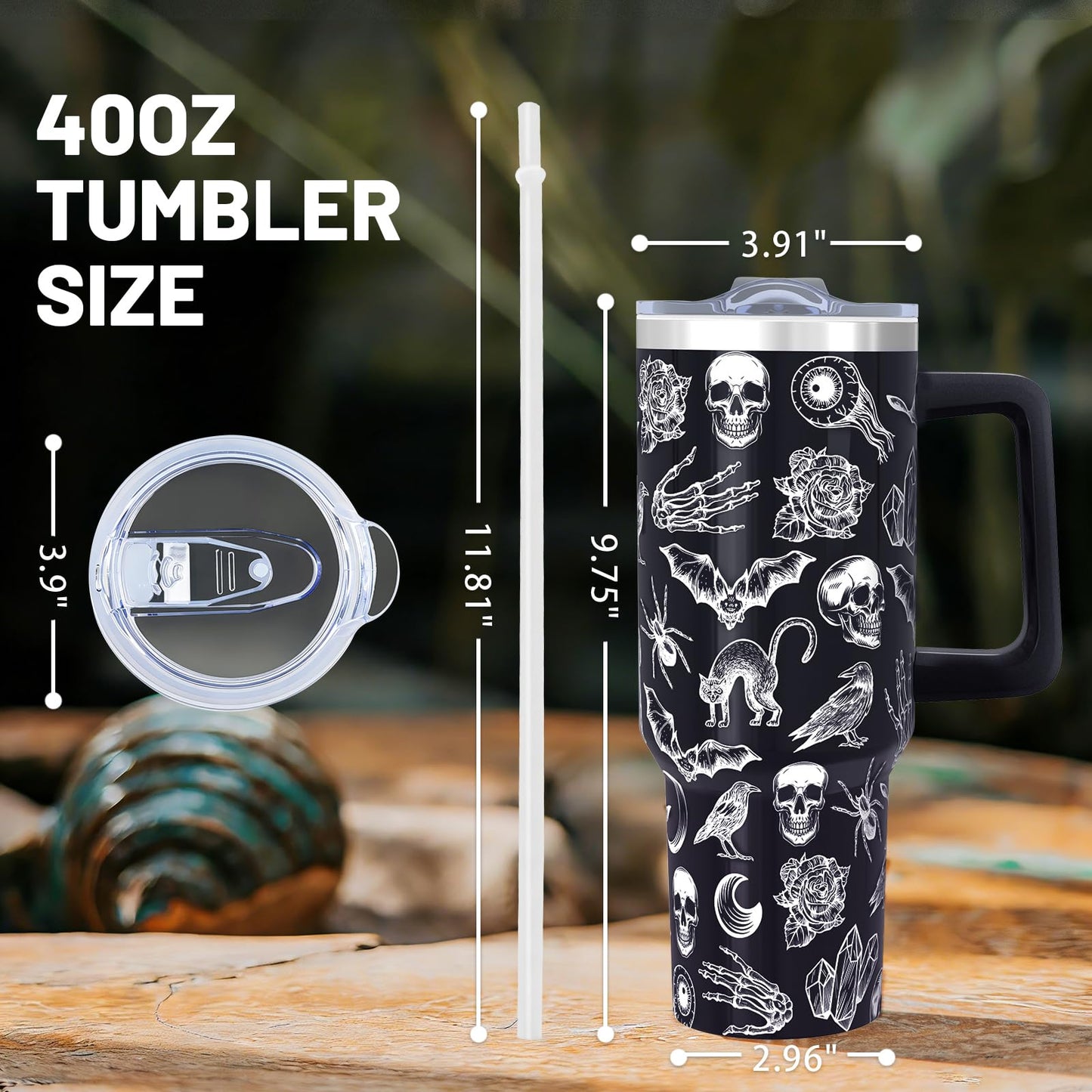 40oz Goth Tumbler With handle, Gothic Halloween Stainless Steel Leak Proof Travel Coffee Mug Cup Water Bottle Tumbler With Lid and Straw, Witchy Goth Gifts for Women Birthday Christmas Halloween