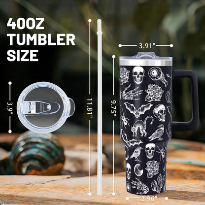 40oz Goth Tumbler With handle, Gothic Halloween Stainless Steel Leak Proof Travel Coffee Mug Cup Water Bottle Tumbler With Lid and Straw, Witchy Goth Gifts for Women Birthday Christmas Halloween