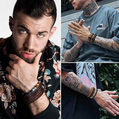 FIBO STEEL Braided Leather Bracelets for Men Women - Wooden Beads Cool Wrap Cuff Bracelets Mens Hemp Tribal Wristbands Punk Vintage Bracelet Set 31 Pcs