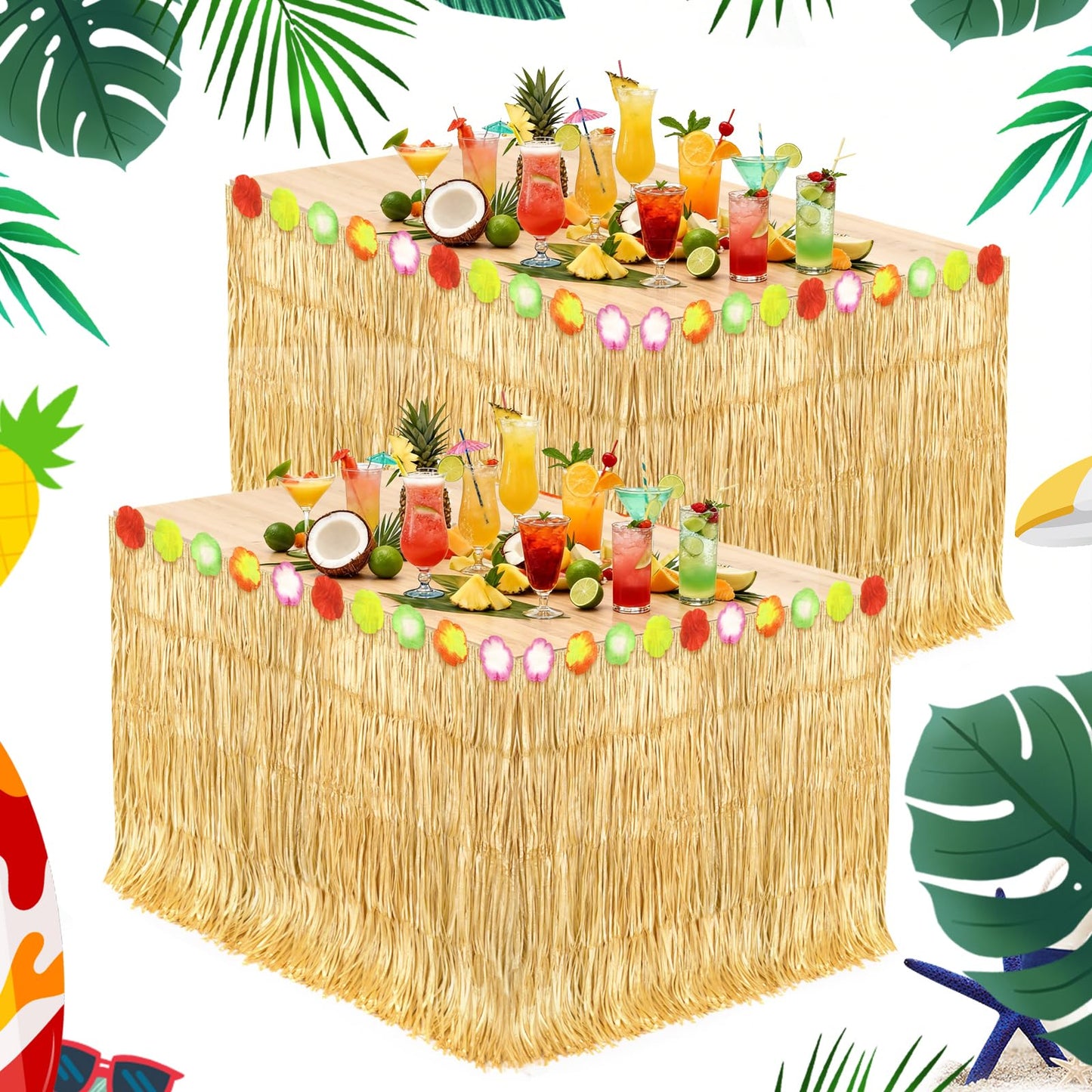 2 Pack Hawaiian Grass Table Skirt 108" x 29.5", Laua Party Decorations Grass Skirt for Table with Flowers, Hawaiian Party Decor for Luau Birthday Beach Tropical Summer Party Supplies