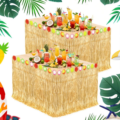 2 Pack Hawaiian Grass Table Skirt 108" x 29.5", Laua Party Decorations Grass Skirt for Table with Flowers, Hawaiian Party Decor for Luau Birthday Beach Tropical Summer Party Supplies