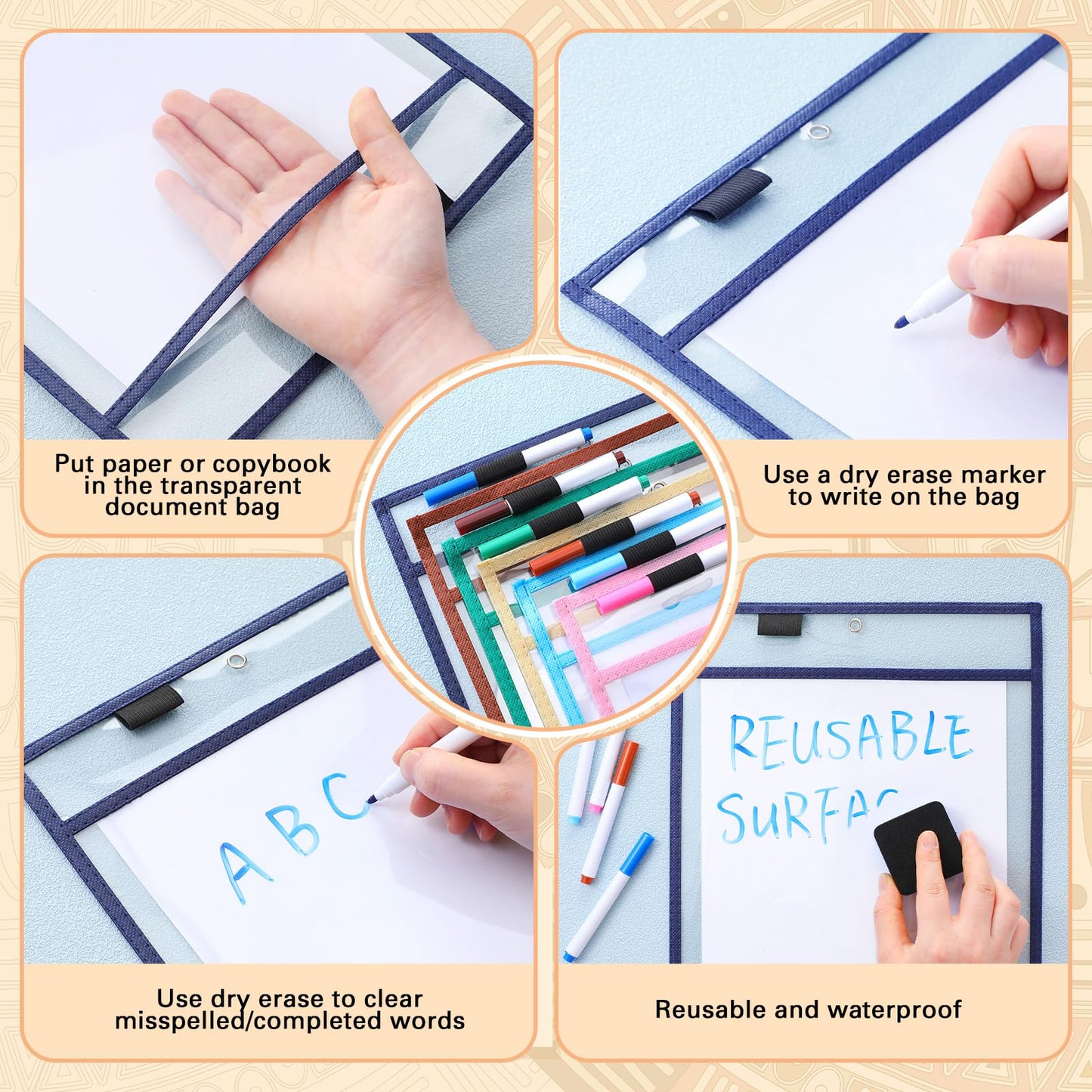 24 Pcs Dry Erase Pocket Reusable Sleeves 10" x 14" Clear Plastic Sheet Protectors with Markers and Mini Dry Erasers for Paper(Advanced Boho)