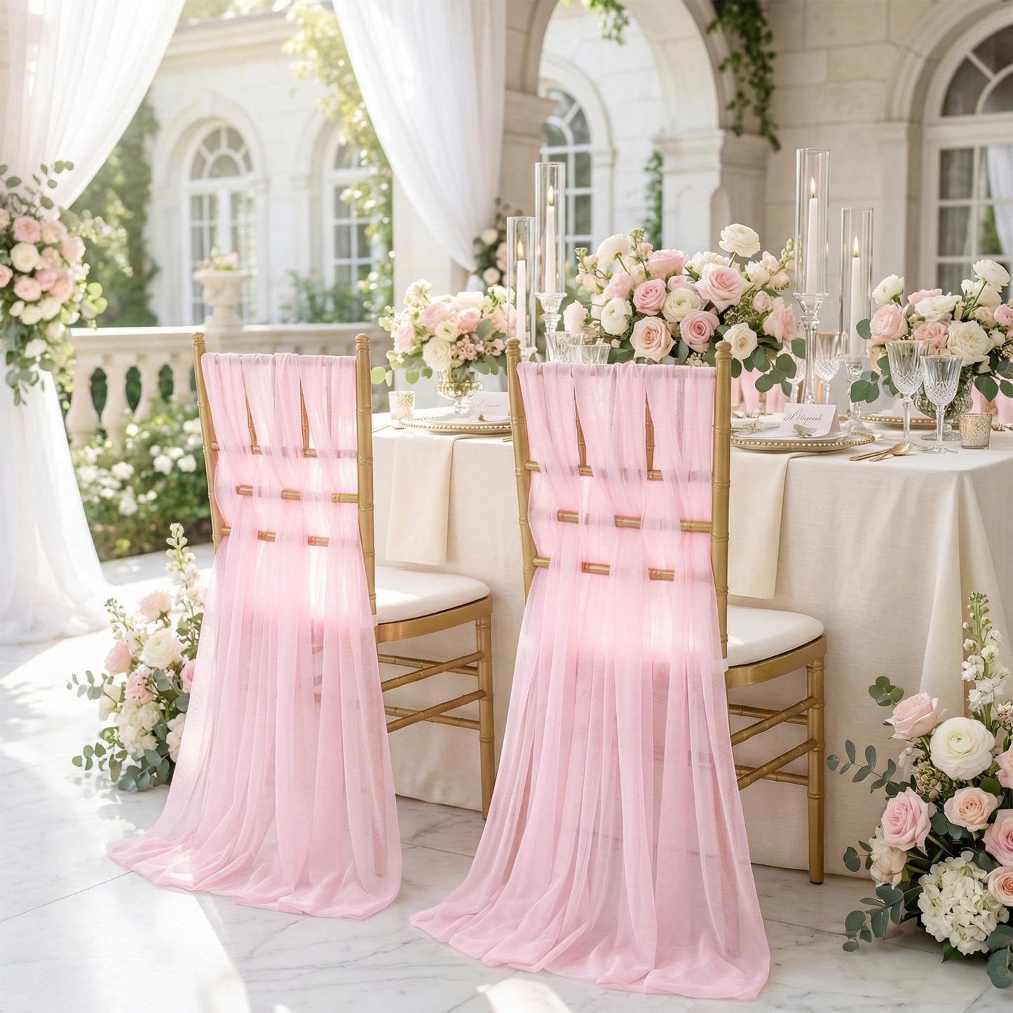 Fanqisi Pink Chair Sashes 16 Pieces 240cm Long Chair Bows Sashes Sheer Tulle Flowy Fabric for Wedding Aisle Chairs Decoration
