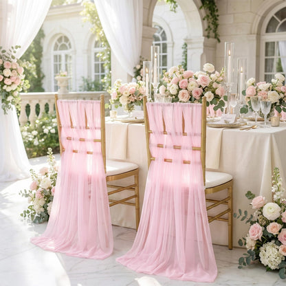Fanqisi Pink Chair Sashes 16 Pieces 240cm Long Chair Bows Sashes Sheer Tulle Flowy Fabric for Wedding Aisle Chairs Decoration