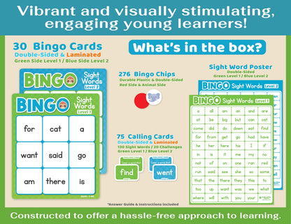 Bright Seed Sight Words Bingo Game for Kindergarten, Learn to Read Sight Word Cards, Word Games for Kids Ages 4-8, Bingo Sight Words Level 1&2, Laminated for Easy Clean