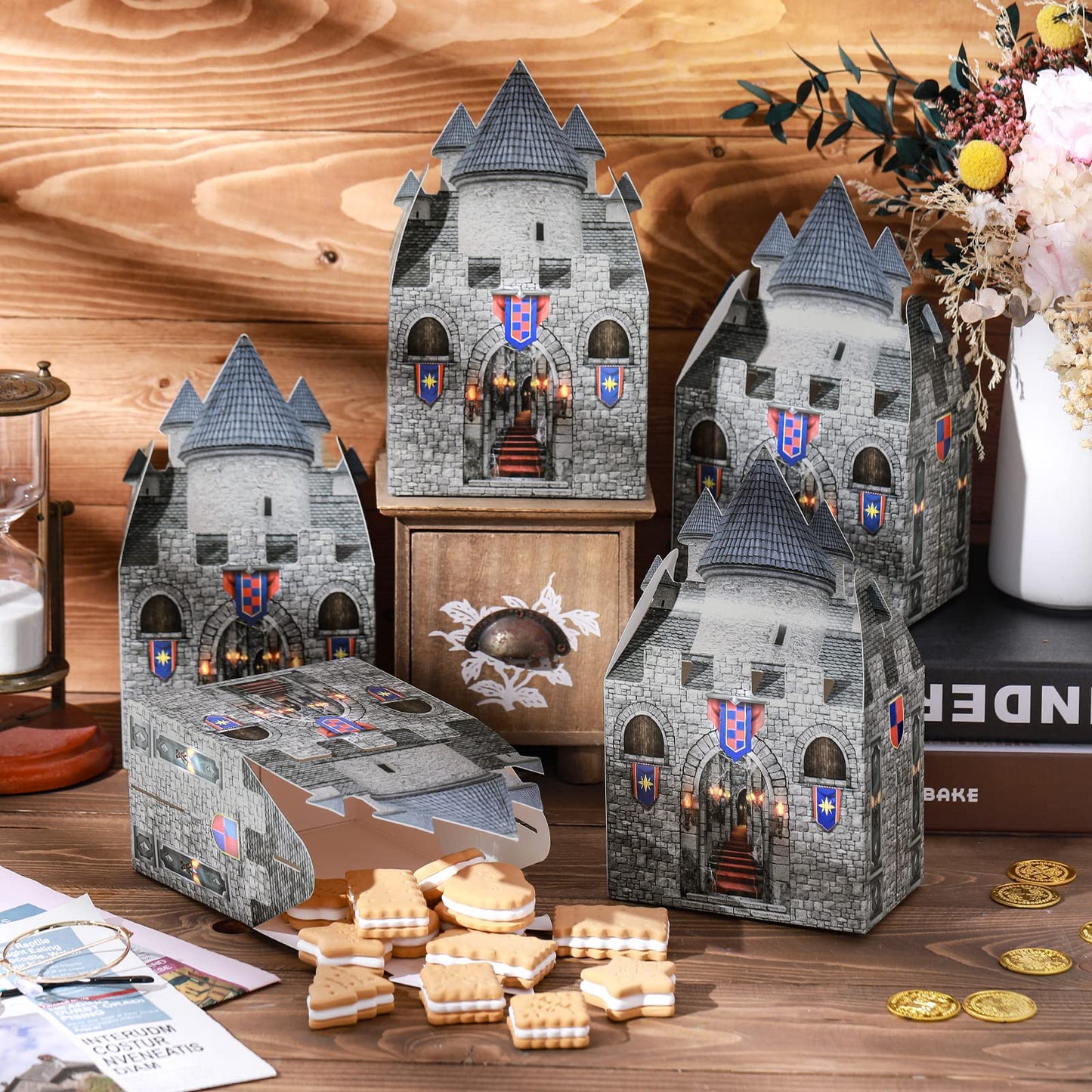 TaoBary 16Pieces 8 x 5 x 3 Inches Medieval Castle Box Cardboard Castle Halloween Knight Theme Party Supplies DIY Box for Mardi Gras Medieval Party Birthday Centerpiece