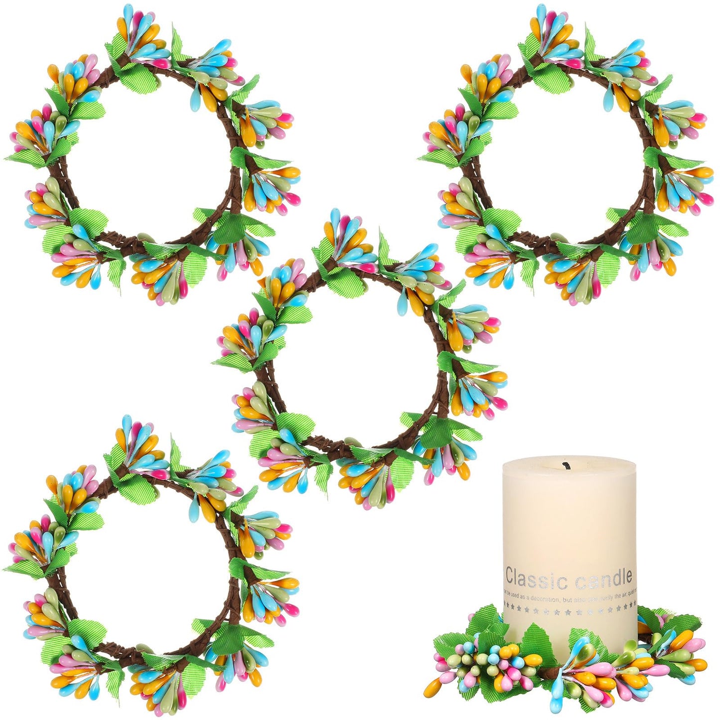 Yardwe 4 Pcs Easter Candle Rings Wreaths Artificial Spring Mini Pip Berry Wreath for Pillar Candles Rustic Farmhouse Table Centerpiece Kitchen Cabinet Decor Ring Holder