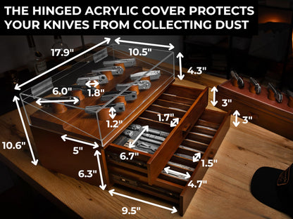 Premium Pocket Knife Display Case for 50 Knives - Extra Large Wooden Knife Organizer, Storage & Holder with Unique Pillars, 2 Drawers - Knife Collection Box - Handcrafted Father's Day Present for Men
