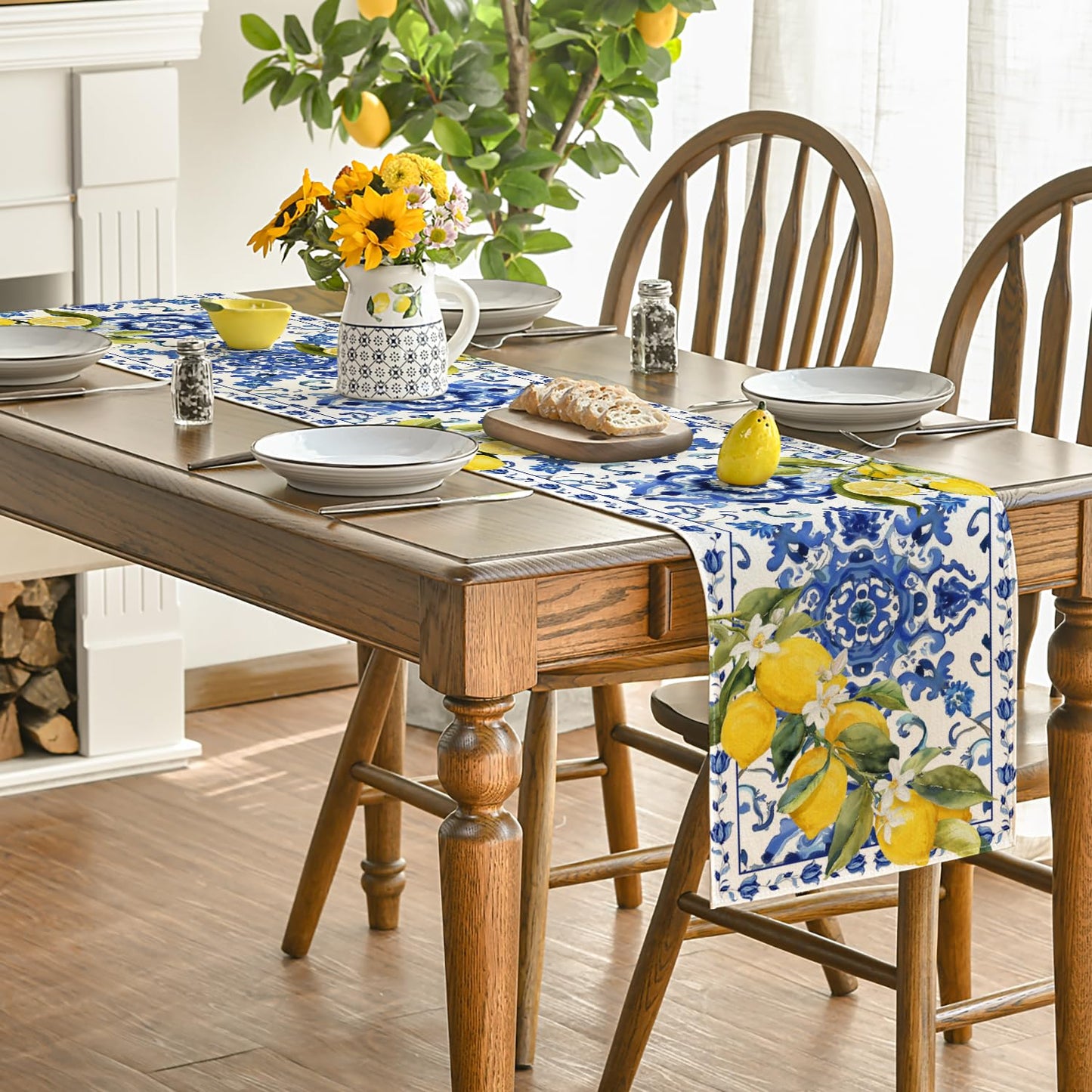 Artoid Mode Lemon Blue and White Porcelain 210 GSM Summer Table Runner, Seasonal Spring Kitchen Dining Table Decoration for Home Party Decor 13x72 Inch
