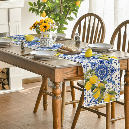 Artoid Mode Lemon Blue and White Porcelain 210 GSM Summer Table Runner, Seasonal Spring Kitchen Dining Table Decoration for Home Party Decor 13x72 Inch