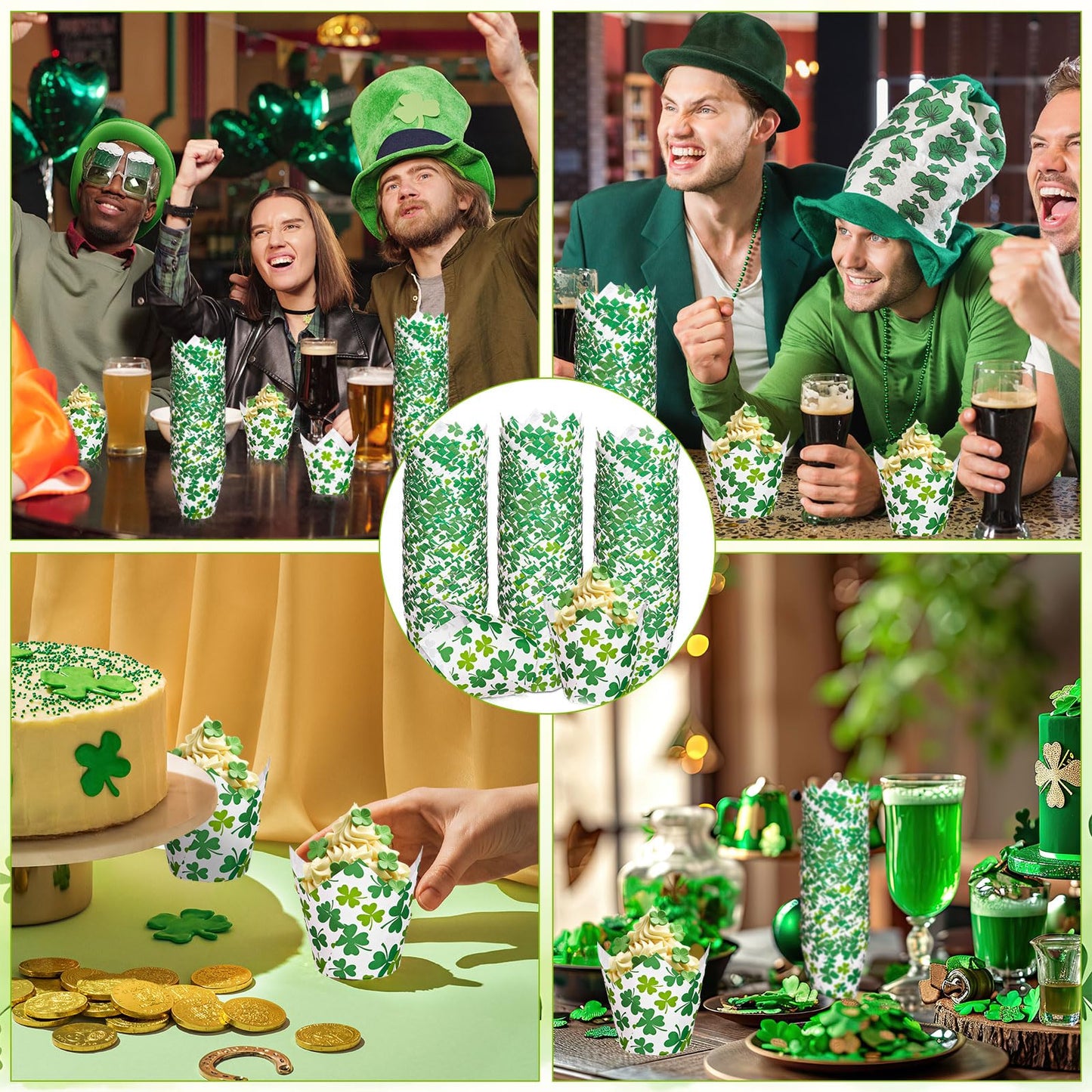 FYSUIMU 200Pcs St. Patrick's Day Tulip Cupcake Liners Green Shamrock Muffin Baking Cups Clover Cupcake Wrappers for Spring Irish Holiday Party Supplies