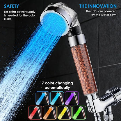 Vacto LED Handheld Shower Head Set with Filtration, Automatic 7-color Changing Shower Head Kit, High Pressure Handheld Shower Head with Hose and Bracket, Water Saving Showerheads with Filtration Beads