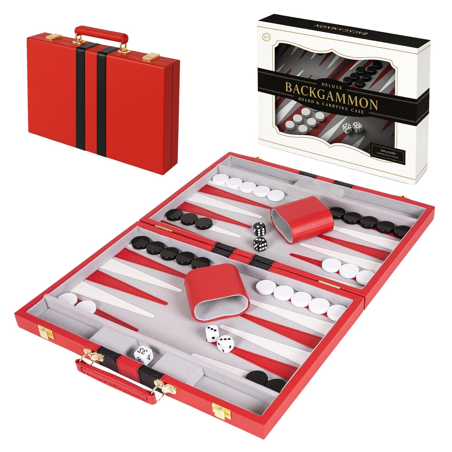 Premium Backgammon 18 Inches Large Red - Backgammon Sets for Adults and Kids - Leatherette Back Gammon Board Game Set - Travel Backgammon Set Board Encased with Accessories