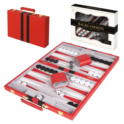 Premium Backgammon 18 Inches Large Red - Backgammon Sets for Adults and Kids - Leatherette Back Gammon Board Game Set - Travel Backgammon Set Board Encased with Accessories