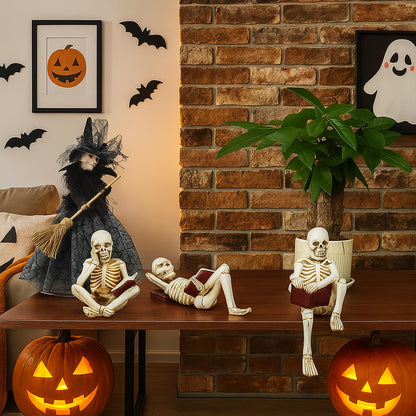 3 Psc Reading Skeleton Statue Gothic Horror Decor for Bookshelf and Desk Resin Figurine Halloween Decoration