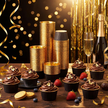 Gandeer 450 Pack Black Gold Cupcake Liners Bulk Disposable Foil Muffin Cups 3.5 oz Wrappers for Baking Aluminum Paper Mini Metallic Halloween Holiday Party Wedding Festival Supply