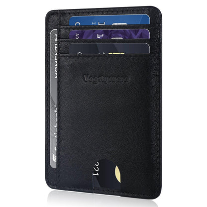 VOGSTYCUERO Slim Minimalist Front Pocket Thin Wallet RFID Blocking 100% Genuine Grain Leather Credit Card Holder for Men Women with Gift Box - Grain Leather Black