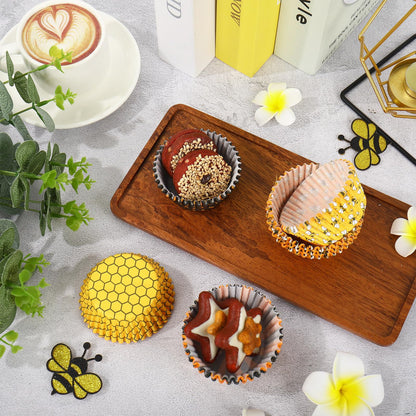 JarThenaAMCS 600Pcs Summer Honey Bee Cupcake Liner Honeycomb Stripe Paper Baking Cup Yellow Black Muffin Wrappers Cake Storage Container for Party DIY Craft, 2 x 1.2 Inch