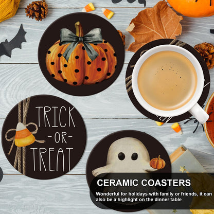 Whaline 4Pcs Happy Halloween Coasters Trick or Treat Ghost Pumpkin Ceramic Coasters Absorbent Cup Mat for Home Kitchen Office Party Table Decor