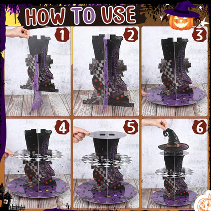 LemonRoad 2 Pcs Halloween Cupcake Stand Decoration Halloween Party Supplies 3 Tier Cardboard Cake Holder Witch Party Cupcake Tower for Treat Birthday Dessert Favors Carnival (Mixed)