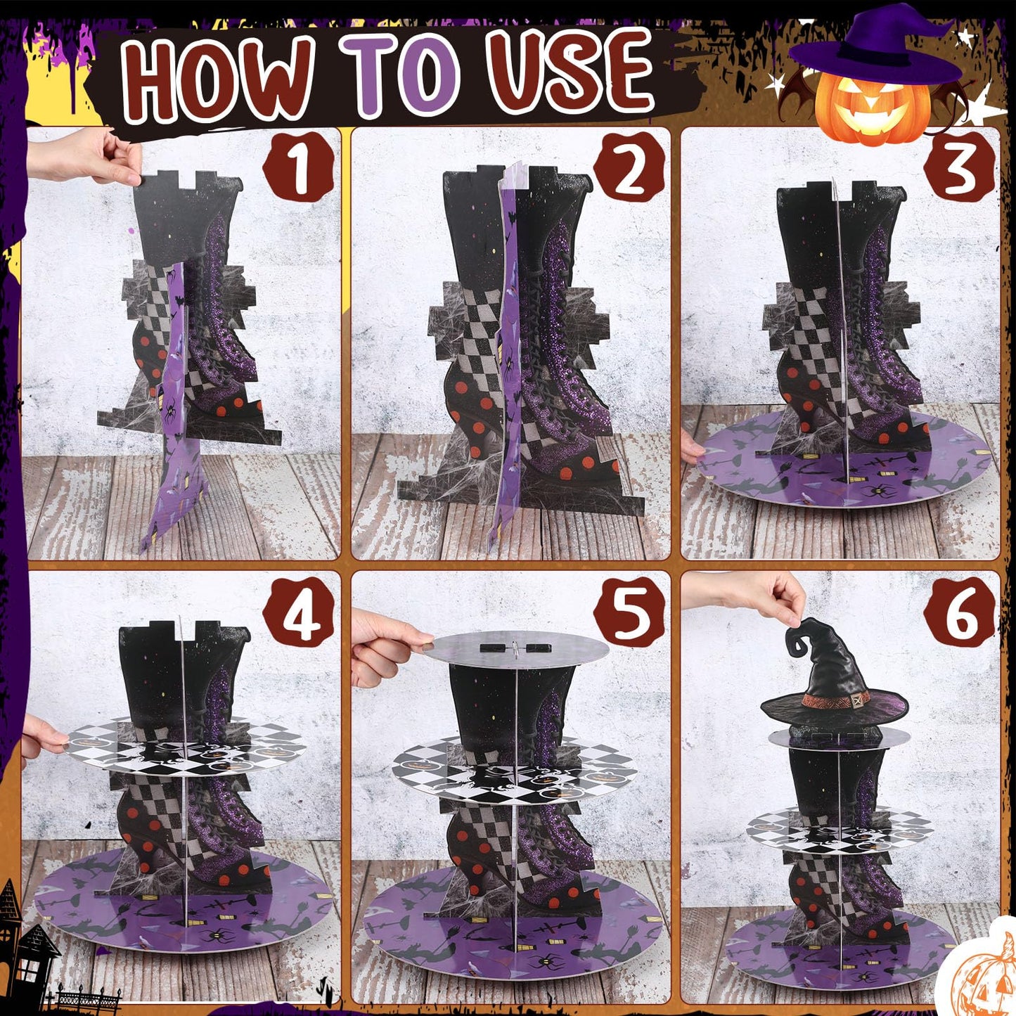 LemonRoad 2 Pcs Halloween Cupcake Stand Decoration Halloween Party Supplies 3 Tier Cardboard Cake Holder Witch Party Cupcake Tower for Treat Birthday Dessert Favors Carnival (Mixed)