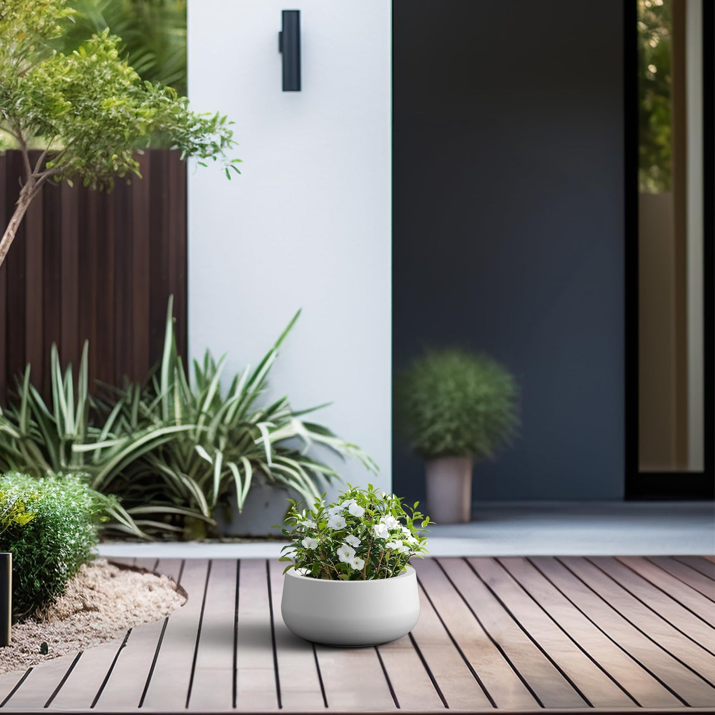 Kante 11.8" Dia Round Concrete Planter, Cement Plant Pots with Drainage Hole and Rubber Plug for Outdoor Indoor Garden Home, Modern Curvaceous Design, White