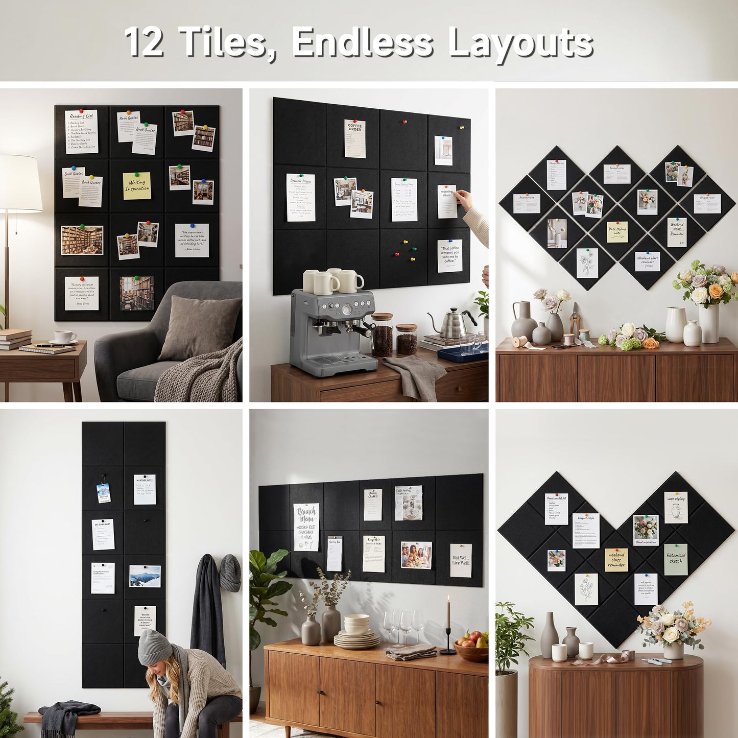 MISSDAY Black Acoustic Wall Panel Felt Bulletin Board 48" x 36" Cork Board for Wall, 12-Pack Boards with 72 Removable Adhesive Tabs, 50 Pins, Pin Board for Home Office Classroom Soundproof Wall Tile