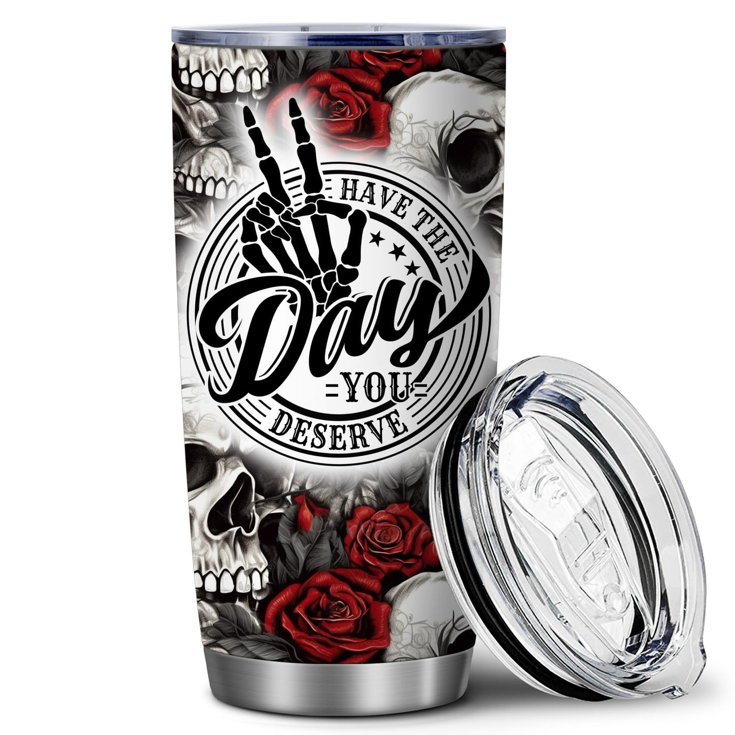 Equoza Skull and Rose 20oz Stainless Steel Tumbler with Lid, Halloween Gothic Finger Skeleton Hand Cup, Double Wall Insulated Travel Coffee Mug, Funny Dark Gift for Men and Women