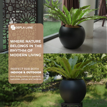 DEPLA LANE Marlo Fiberstone Round Planter (8.5" Pot Opening x 12.6" D x 9.8" H) Smooth Finishes, Lightweight, Durable, UV Resistant, Modern Minimalist Home Decor, Indoor Outdoor Plant Pot (S, Black)