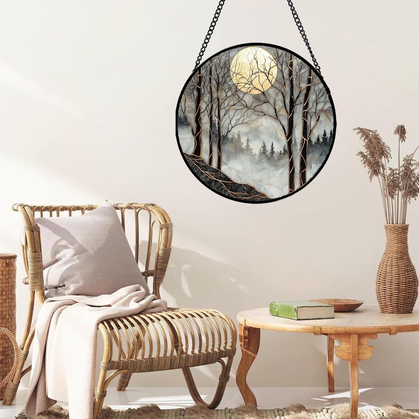 AMDERVEN Stained Glass Window Hanging - Grey Moon Forest Sun Catcher for Door Home Decor Suncatcher Christmas Mother's Day Birthday Gifts for Women Men Lovers Mom Nana 7.8 in