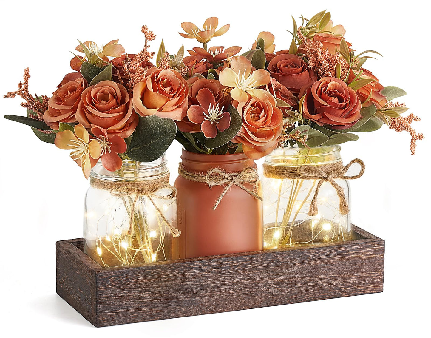 Mkono Mason Jar Lights Centerpiece Table Decor for Dining Room Farmhouse Wood Tray with 3 Jars Flowers Fall Decoration for Coffee Table Kitchen Living Room Wedding