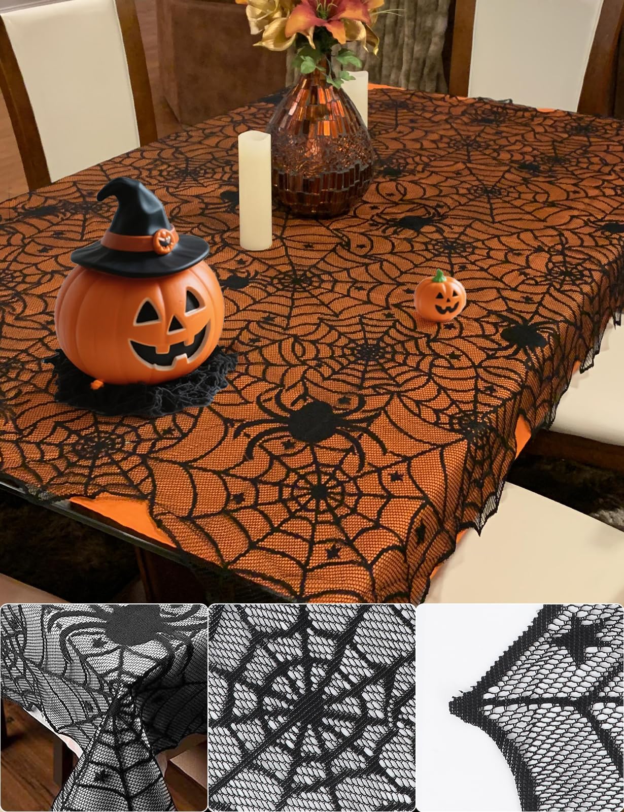 Halloween Table Cloth, Black Spider Web Lace Tablecloth for Rectangle Tables, Gothic Halloween Decor for Masquerade, Scary Movie Nights, Dinner Party Table Decorations 54 x 72 inch