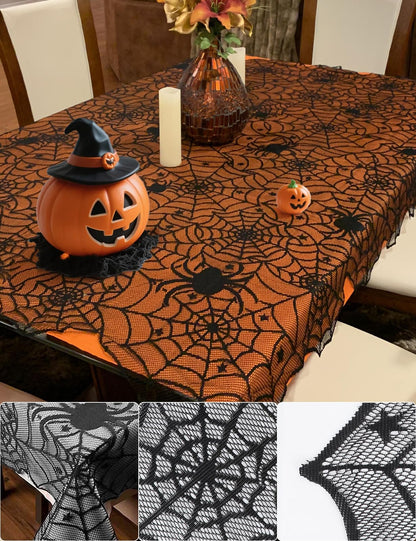 Halloween Table Cloth, Black Spider Web Lace Tablecloth for Rectangle Tables, Gothic Halloween Decor for Masquerade, Scary Movie Nights, Dinner Party Table Decorations 54 x 72 inch
